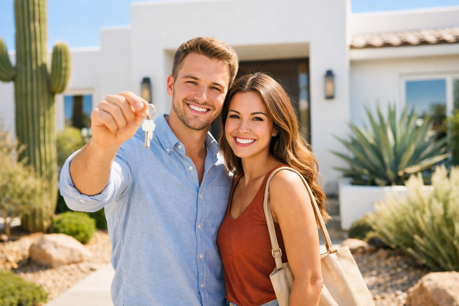 Happy tenants holding keys to a modern rental home in Scottsdale, Arizona.